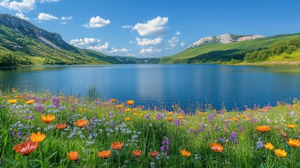 A lake surrounded by lush green hills, with wildflowers blooming along the shoreline on a bright summer day.