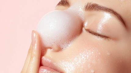 Teenage girl with acne on her cheeks, using a gentle facial cleanser