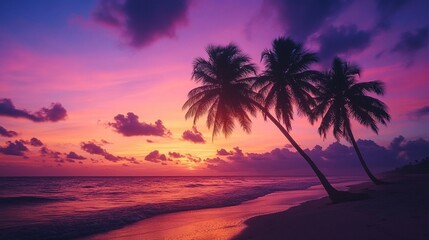 Evening beach with palm trees silhouetted against a colorful sunset sky, reflecting a relaxing and picturesque summer evening. Captured with a Nikon Z6 II for vivid details.

