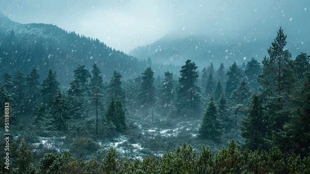 Poster a landscape view of a forest with rain and snow mixed, creating a unique weather effect with a wintr