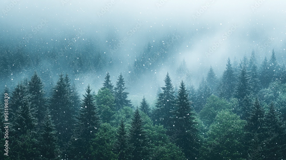Poster a landscape view of a forest with rain and snow mixed, creating a unique weather effect with a wintr