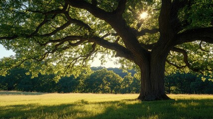 Naklejka premium A large oak tree with sprawling branches and deep green leaves, casting shade on the grass below.