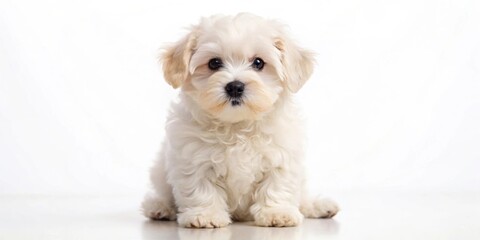 Obraz premium Adorable fluffy bichon puppy sitting on a white background, bichon, puppy, cute, white, fluffy, small dog, pet