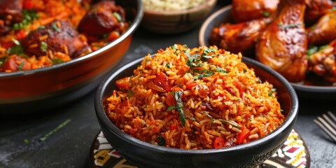 Traditional jollof and fried rice accompanied by moi moi and chicken presented at an event.
