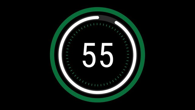 60-second (1-minute) sleek green and white countdown with a rotating dashed inner ring, a pulsating outer circle, and a decreasing time gauge on a black background. 4K Motion Graphics.