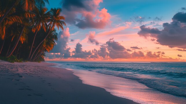 Evening beach with palm trees silhouetted against a colorful sunset sky, reflecting a relaxing and picturesque summer evening. Captured with a Nikon Z6 II for vivid details.

