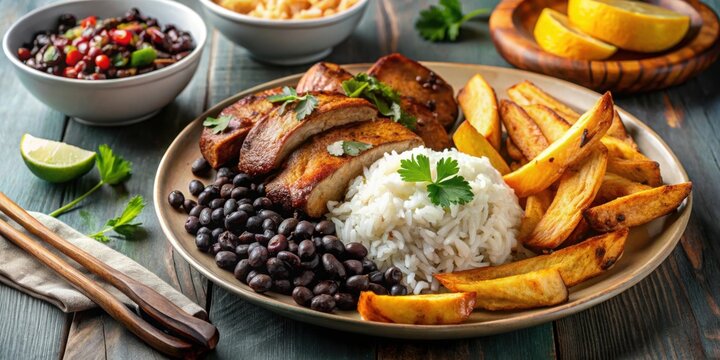 Authentic Cuban food, including slow-roasted pork, black beans and rice, plantains, and yuca fries, Cuban