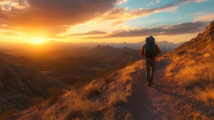 Obraz premium A lone hiker walking along a desert trail with a dramatic sunset backdrop, creating a stunning and serene scene with space for text.