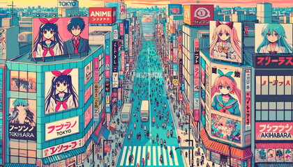 Fototapeta premium The concept of the image of Akihabara, the sacred place of Japanese animation. Vector illustration.