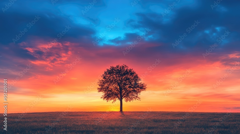 Poster a lone tree standing tall against the backdrop of a colorful dusk sky, offering a dramatic and seren