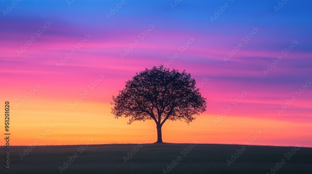 Poster a lone tree standing tall against the backdrop of a colorful dusk sky, offering a dramatic and seren