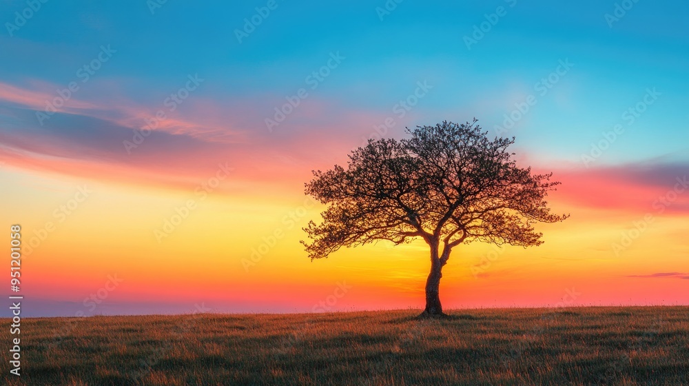 Poster a lone tree standing tall against the backdrop of a colorful dusk sky, offering a dramatic and seren