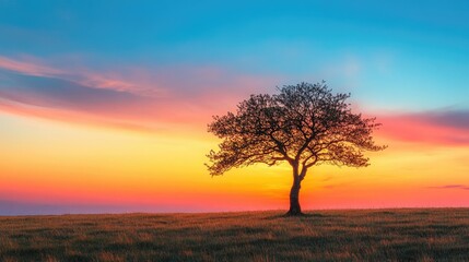 A lone tree standing tall against the backdrop of a colorful dusk sky, offering a dramatic and serene image with ample copy space.