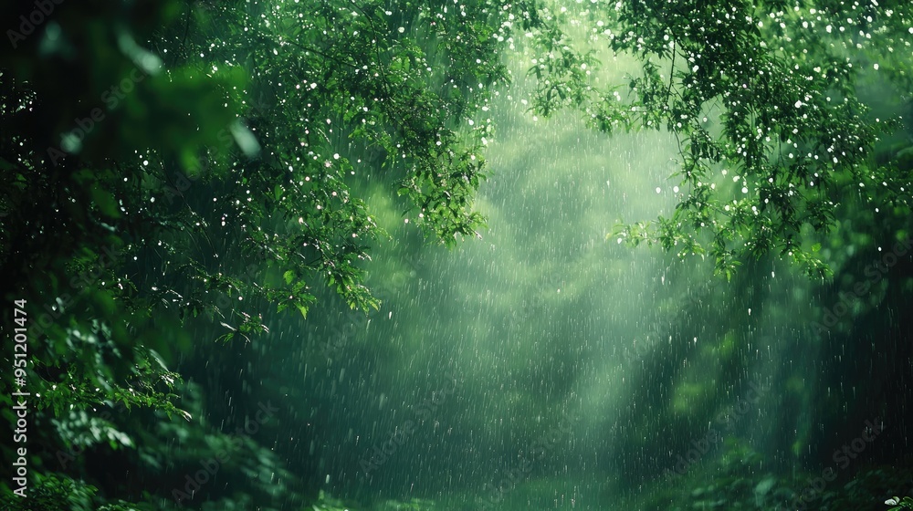 Poster a lush green forest with rain falling gently through the trees, creating a serene and tranquil natur