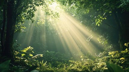 A lush green forest in the early morning, with rays of sunlight breaking through the mist and illuminating the foliage.