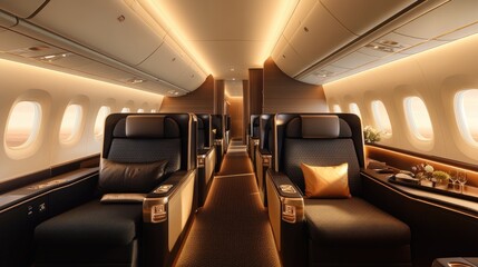 Fototapeta premium A luxurious airplane cabin with a focus on business class seating and modern amenities. Clear copy space for content.