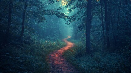 Obraz premium Serene forest pathway at dusk, vintage filter, soft lighting, misty atmosphere, tranquil setting