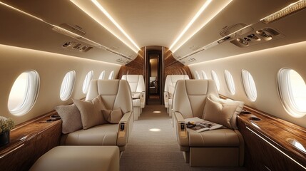 Fototapeta premium A luxurious private jet with a sleek design and high end features, ideal for high class travel content. Plenty of copy space.