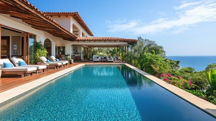 Fototapeta premium A luxury family vacation with a private villa, complete with a pool and stunning ocean views. Ample copy space.