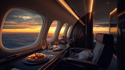 A luxury jet cabin with a well dressed passenger enjoying a gourmet meal, with a view of the horizon from the window.