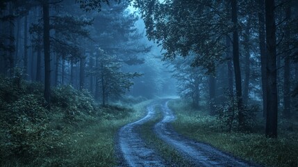 Obraz premium Serene road through a forest at twilight, deep shadows, cool tones, mysterious ambiance, calm and quiet