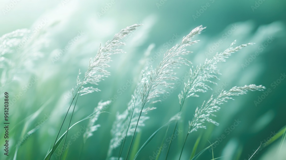 Poster a macro shot of grass blades with a soft focus background, highlighting the delicate texture and col