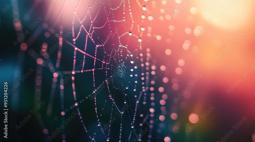 Poster a macro shot of raindrops clinging to a spider's web, with delicate details and soft light, offering
