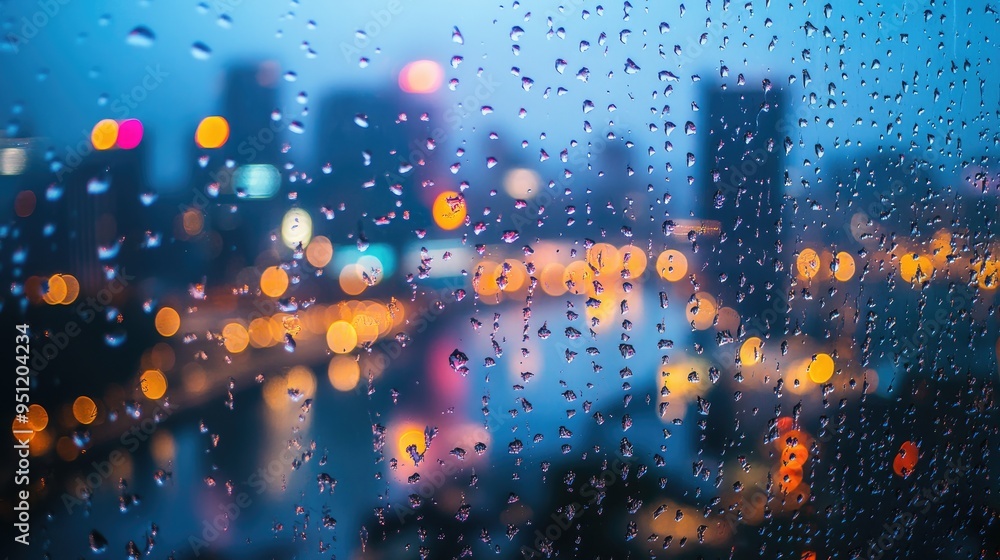 Poster a macro shot of raindrops on a windowpane with a blurred cityscape in the background, offering a ref