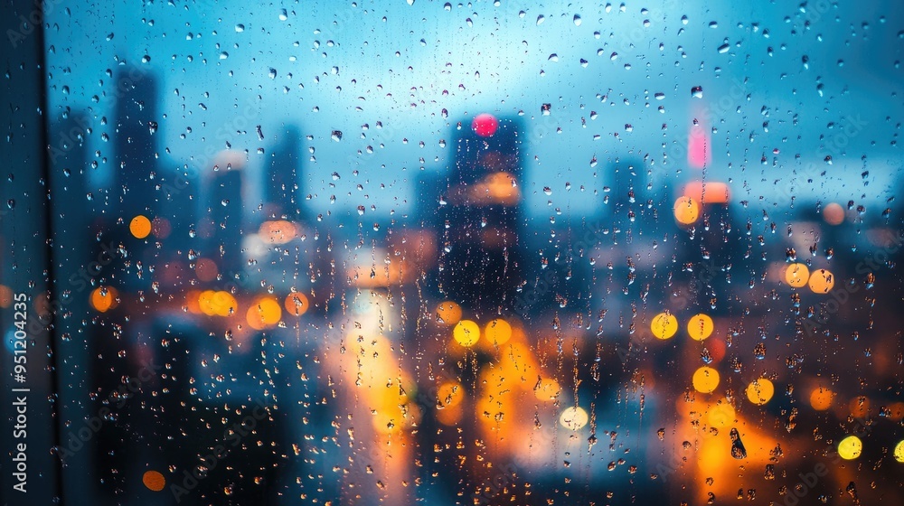 Poster a macro shot of raindrops on a windowpane with a blurred cityscape in the background, offering a ref