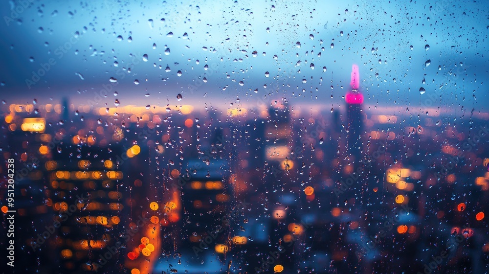 Poster a macro shot of raindrops on a windowpane with a blurred cityscape in the background, offering a ref