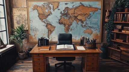 A male travel agents office with a large world map on the wall and travel brochures neatly arranged on the desk. Clear space for messages.