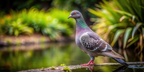 Fototapeta premium Bird pigeon near a pond in the garden on a dark background, pigeon, bird, garden, pond, wildlife, nature, feathers, wings