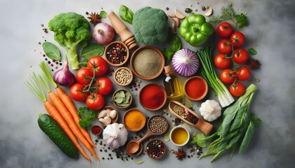 Top view of Herbs and spices isolated on background, ingredients for cooking food, healthy vegetables food, high fibers and vitamins.
