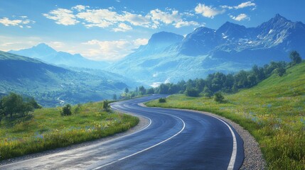 Fototapeta premium Winding mountain road with a distant horizon, 3D rendering, saturated colors, expansive views, natural wonder