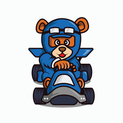 Cute Teddy Bear Driving Go Kart Mascot Logo