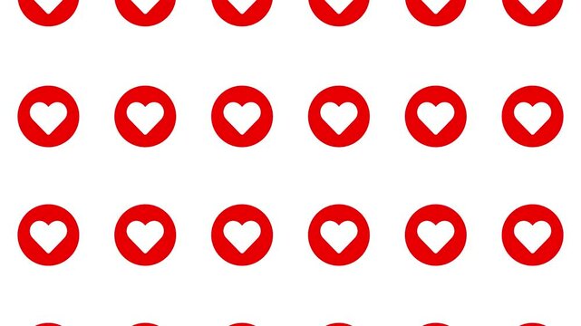 A seamless loop pattern of red heart marks on a white background. The hearts smoothly and repeatedly change size and move up and down. Representing the love and romance.