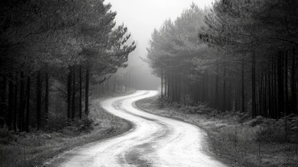 Winding road through a forest of tall pines, monochromatic, high contrast, mystical atmosphere, peaceful solitude