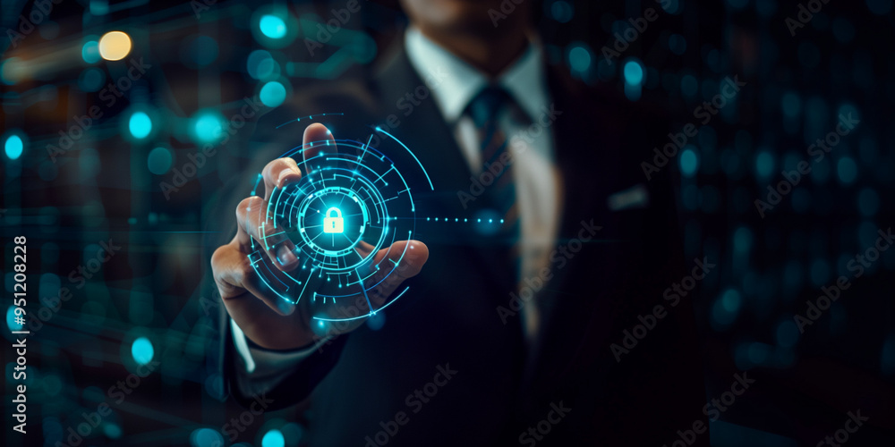 Wall mural businessman holding security padlock button on virtual screen technology internet and networking con