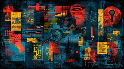 Fototapeta premium Crime investigation halftone collage. Retro elements like a top-secret file, DNA analysis, alibi, magnifying glass, fingerprints, bullet, and crime scene. Modern Y2K mixed media