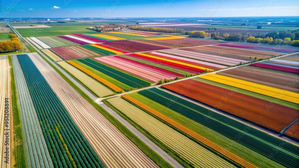 Sticker A mesmerizing patchwork of vibrant tulip fields as seen from above, aerial view, colorful, nature, floral