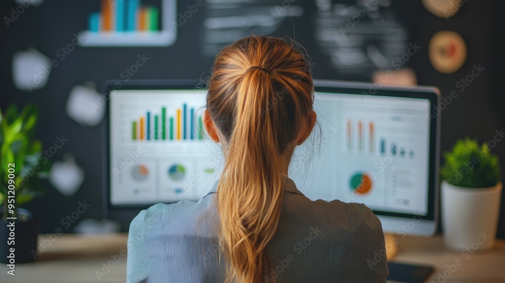 Aufkleber analyzing business data on desktop computer