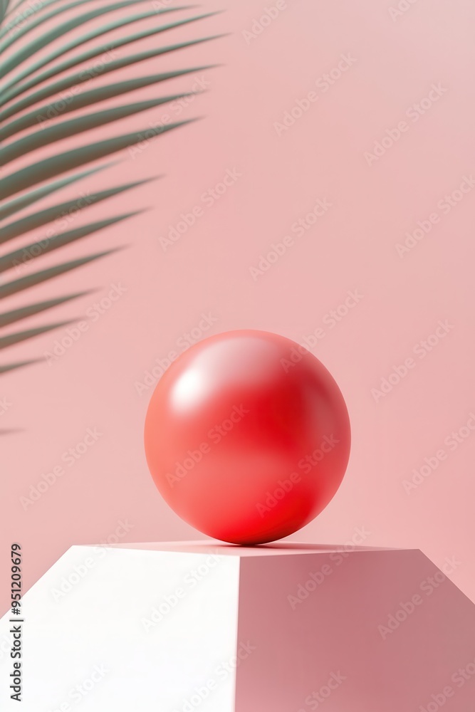 Poster red sphere standing on a pyramid, 3d render, abstract design