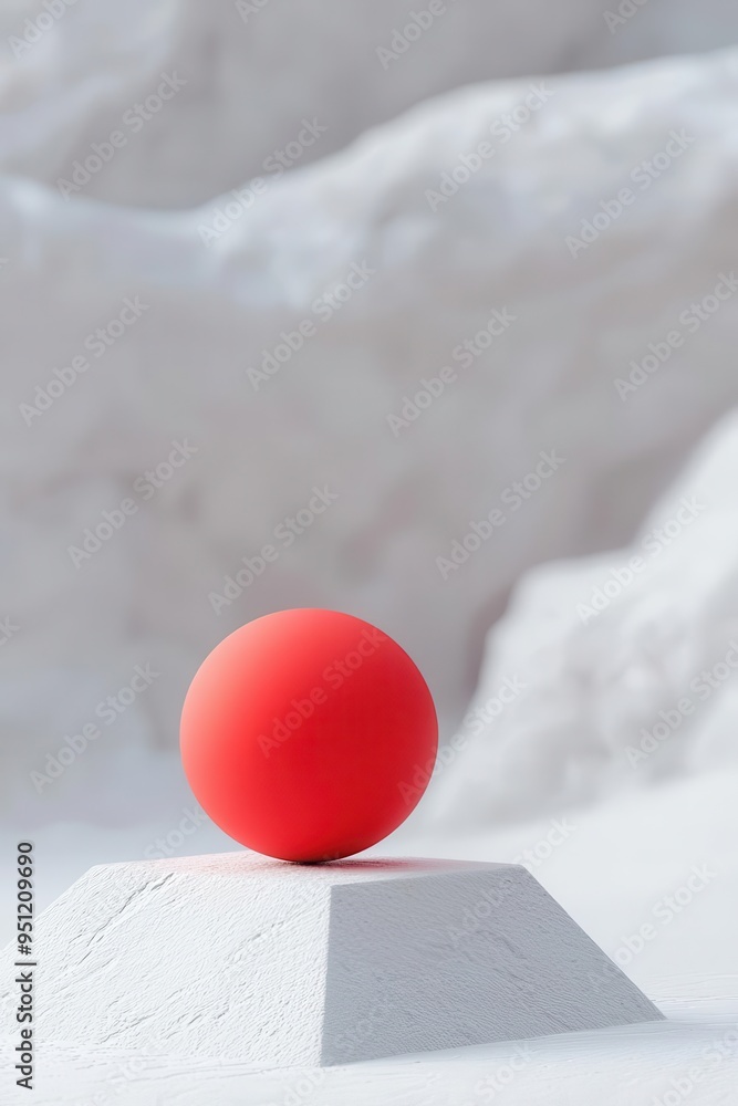 Poster a red sphere perched atop a pyramid, depicted in a 3d render with an abstract design.