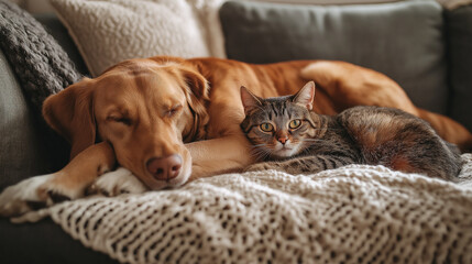 cat and dog Couch Companions: Dog and Cat Together