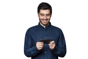 Handsome smiling man using his phone for gaming or watching viral video