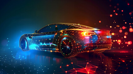 Futuristic hologram sports car on dark technology in the background
