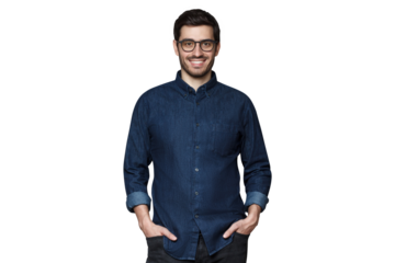 Young handsome man wearing trendy glasses and denim shirt