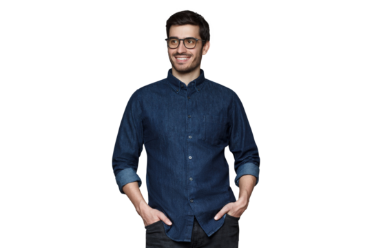 Young man in blue denim shirt with hands in pockets looking away