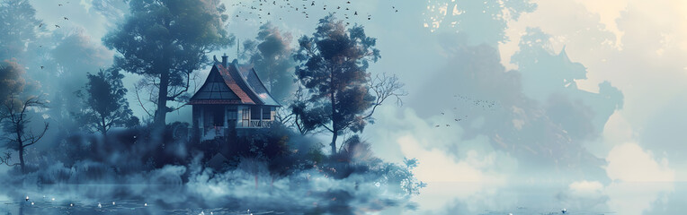 A cozy cabin nestled in a snowy forest, smoke gently rising from clouds in background