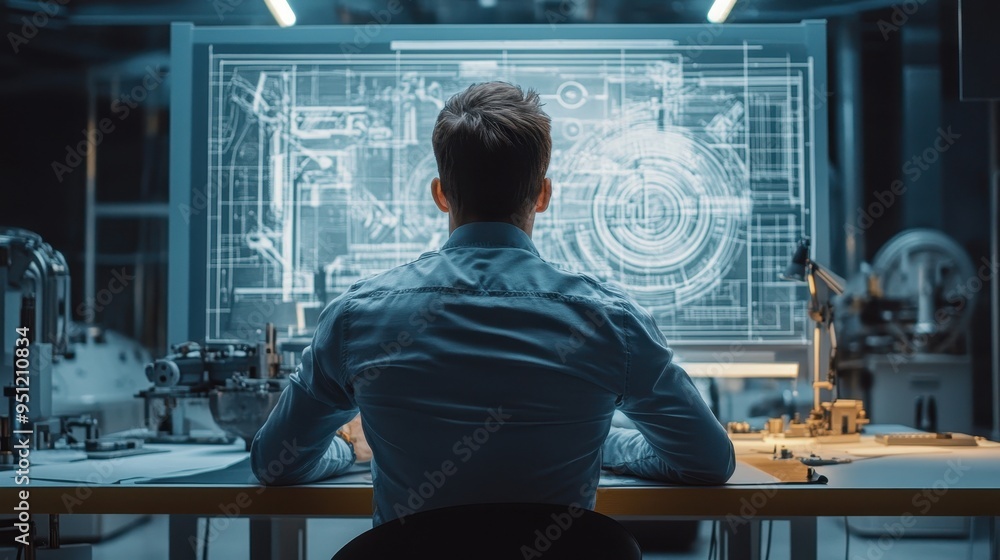 Poster futuristic tech workspace with holographic interfaces